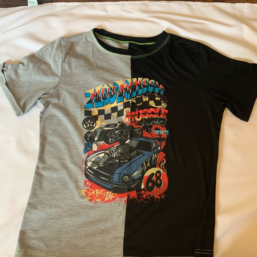 Black and gray split shirt with race-car